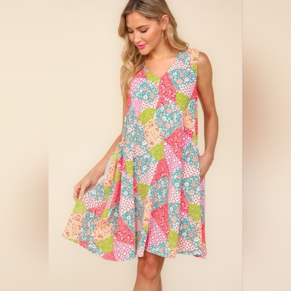 Haptics Full Size Babydoll Floral Patchwork Dress with Side Pockets - Picture 1 of 5